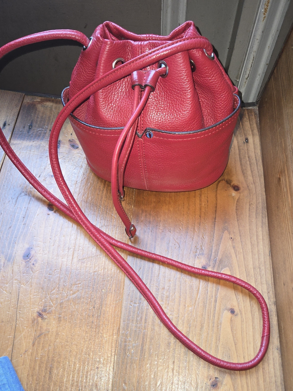 Tignanello Red Pebbled Leather Drawstring Bucket Crossbody